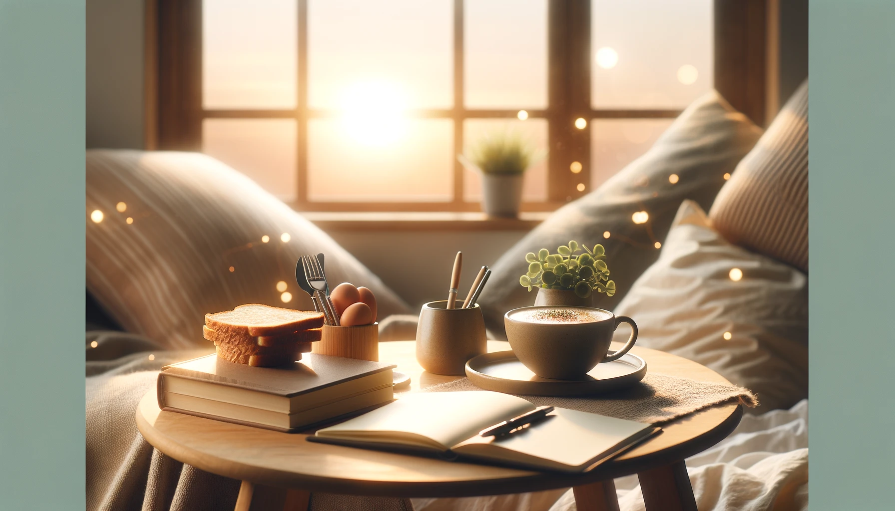 Peaceful morning scene with healthy breakfast, journal, and plant on table, sunrise in background.
