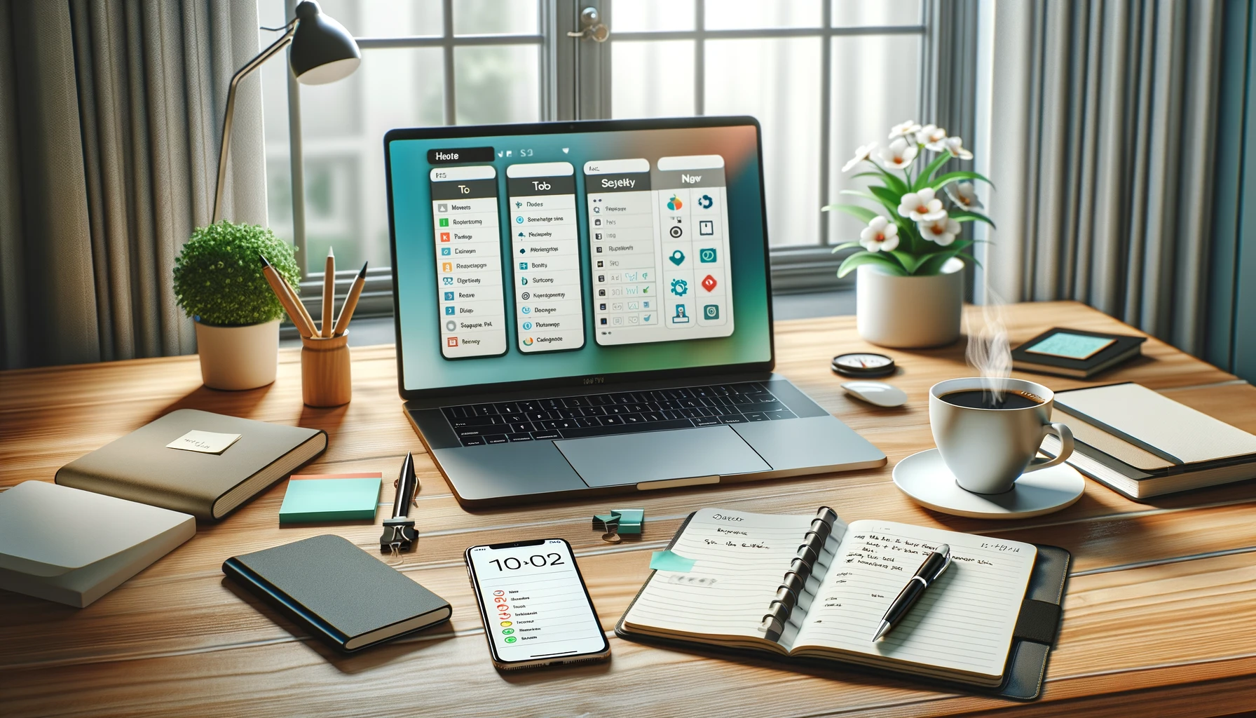 Modern workspace with laptop displaying productivity app, smartphone with to-do list, notepad, pen, coffee cup, and potted plant.