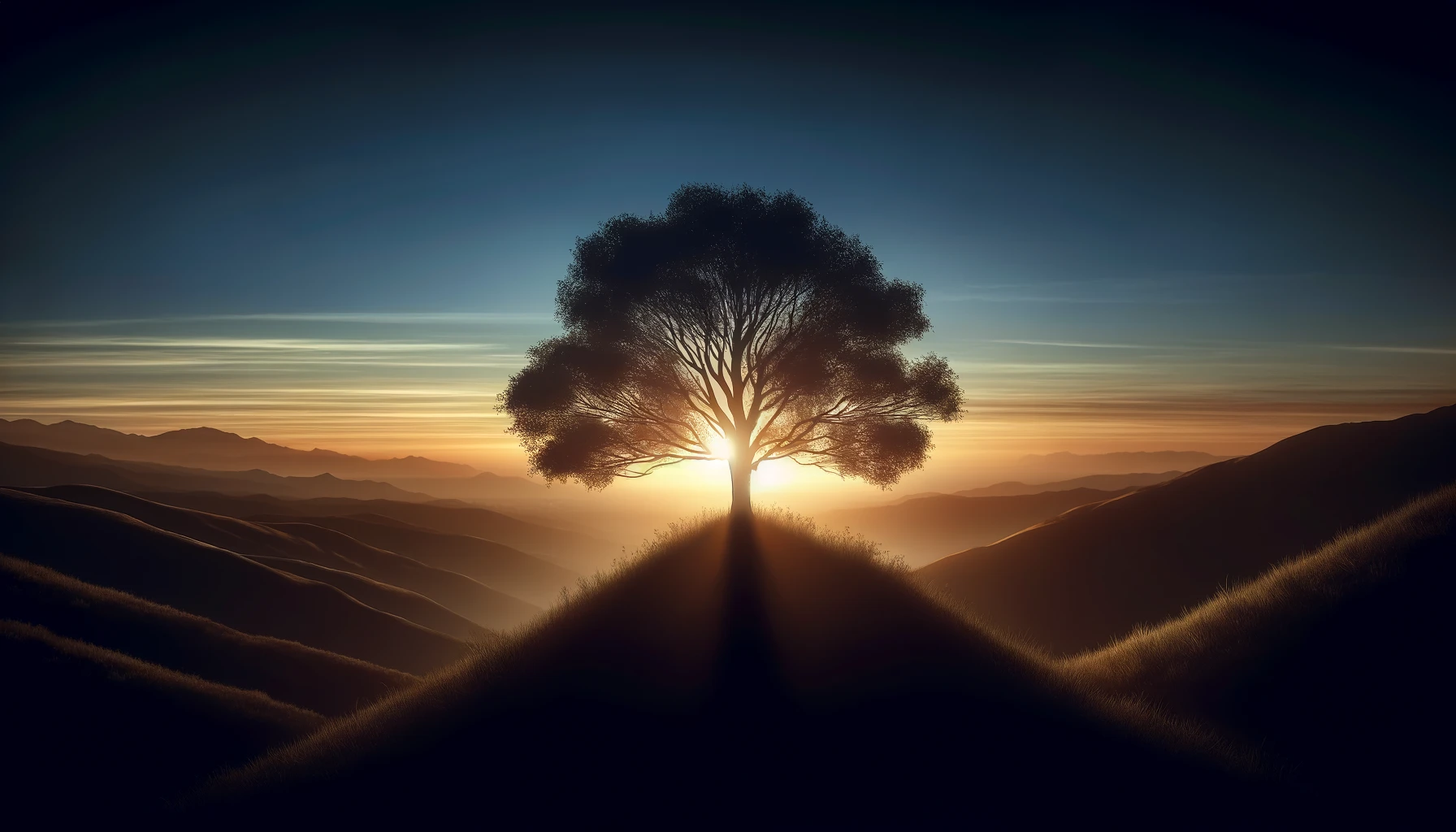 Lone tree on a hill at sunrise, symbolizing resilience and emotional strength.