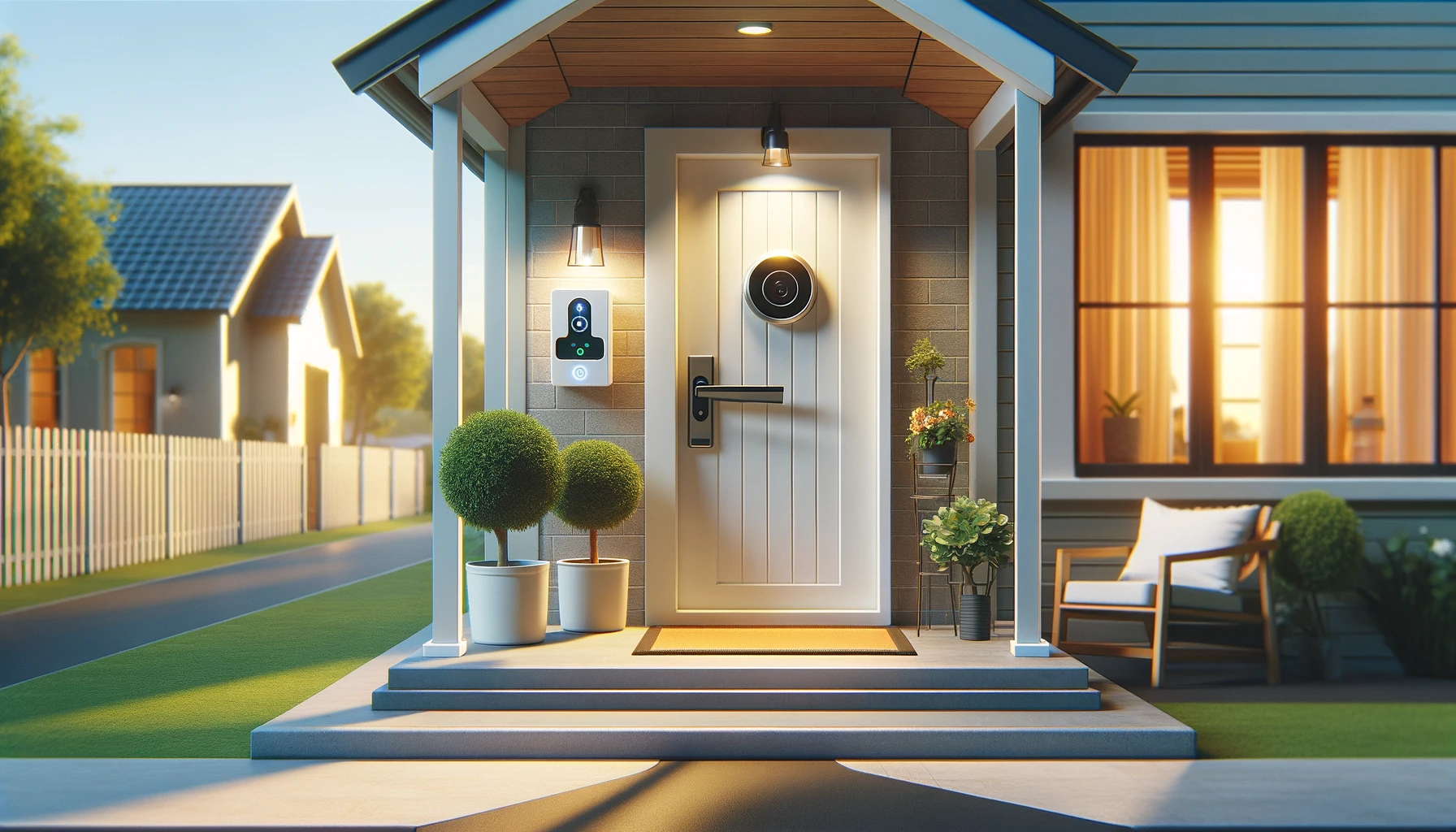 Welcoming home entrance with modern door, smart lock, and security camera in a pleasant neighborhood.