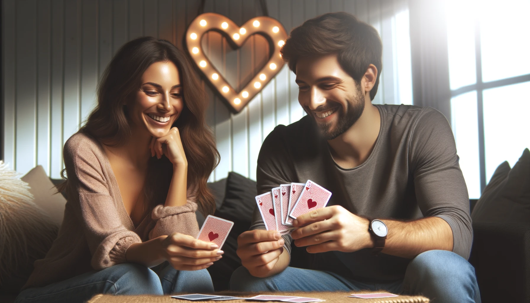 Couple playing card game on couch, smiling, with heart symbol in background.