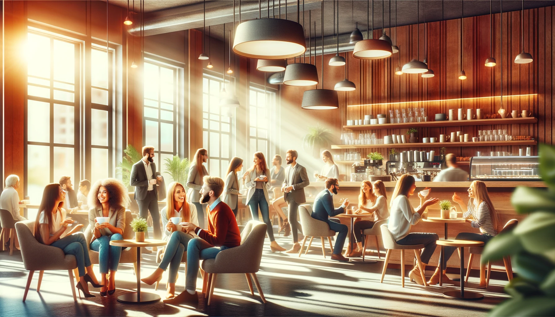 Diverse people socializing in a cozy coffee shop, filled with natural light and comfortable seating.