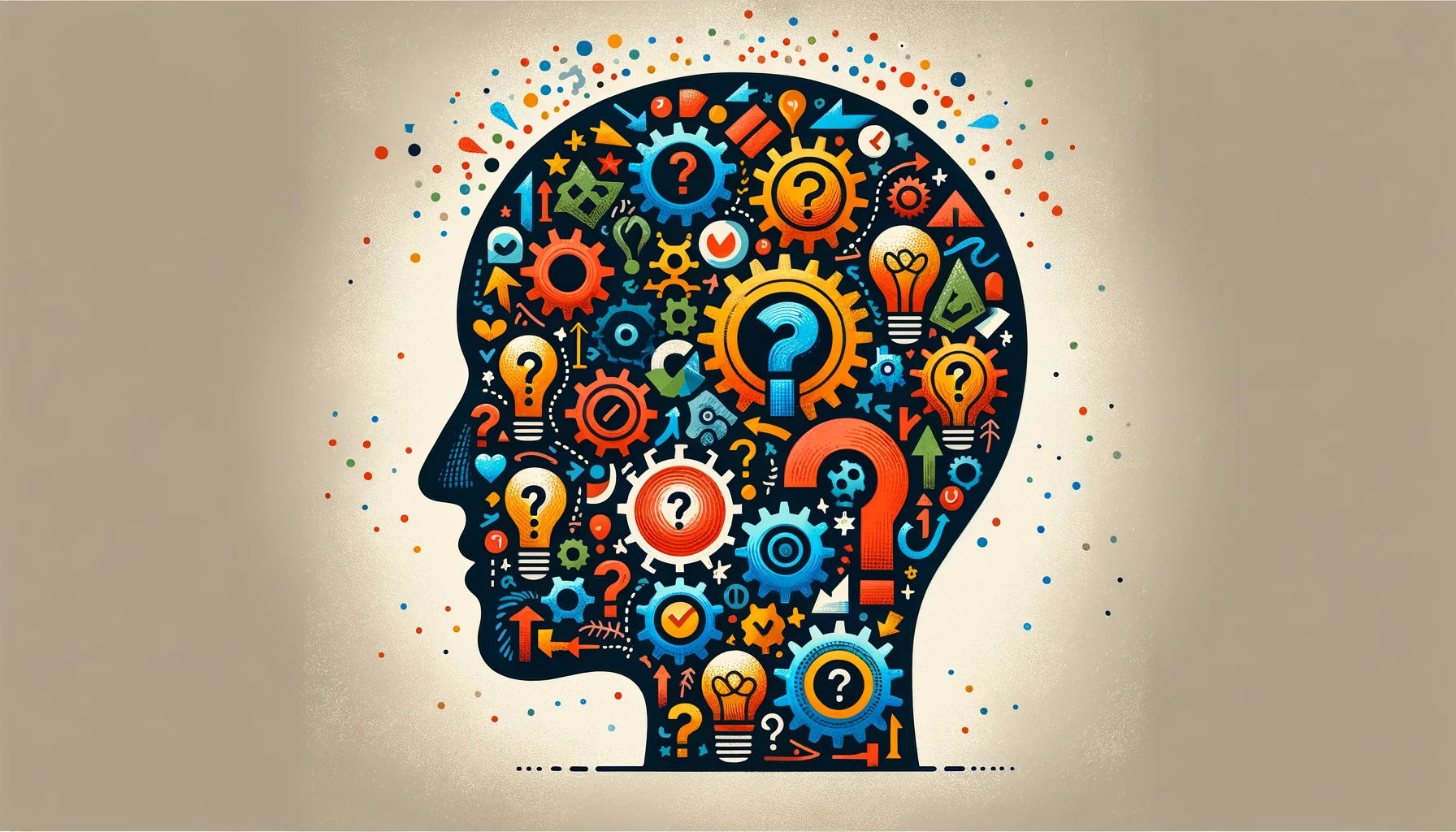 Illustration of a head silhouette with symbols like gears, question marks, and light bulbs, depicting decision-making.