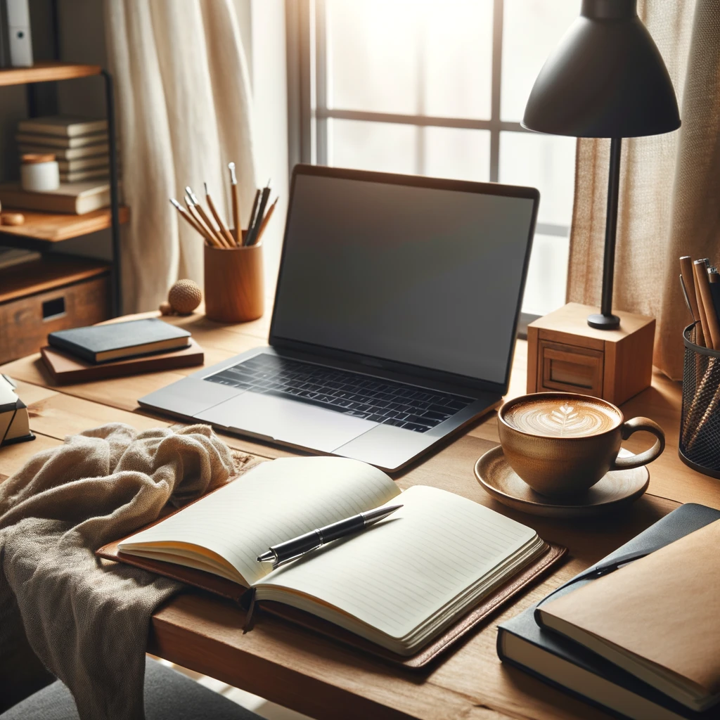 Cozy home office with desk, laptop, open journal, pen, and a cup of coffee, natural light from window.