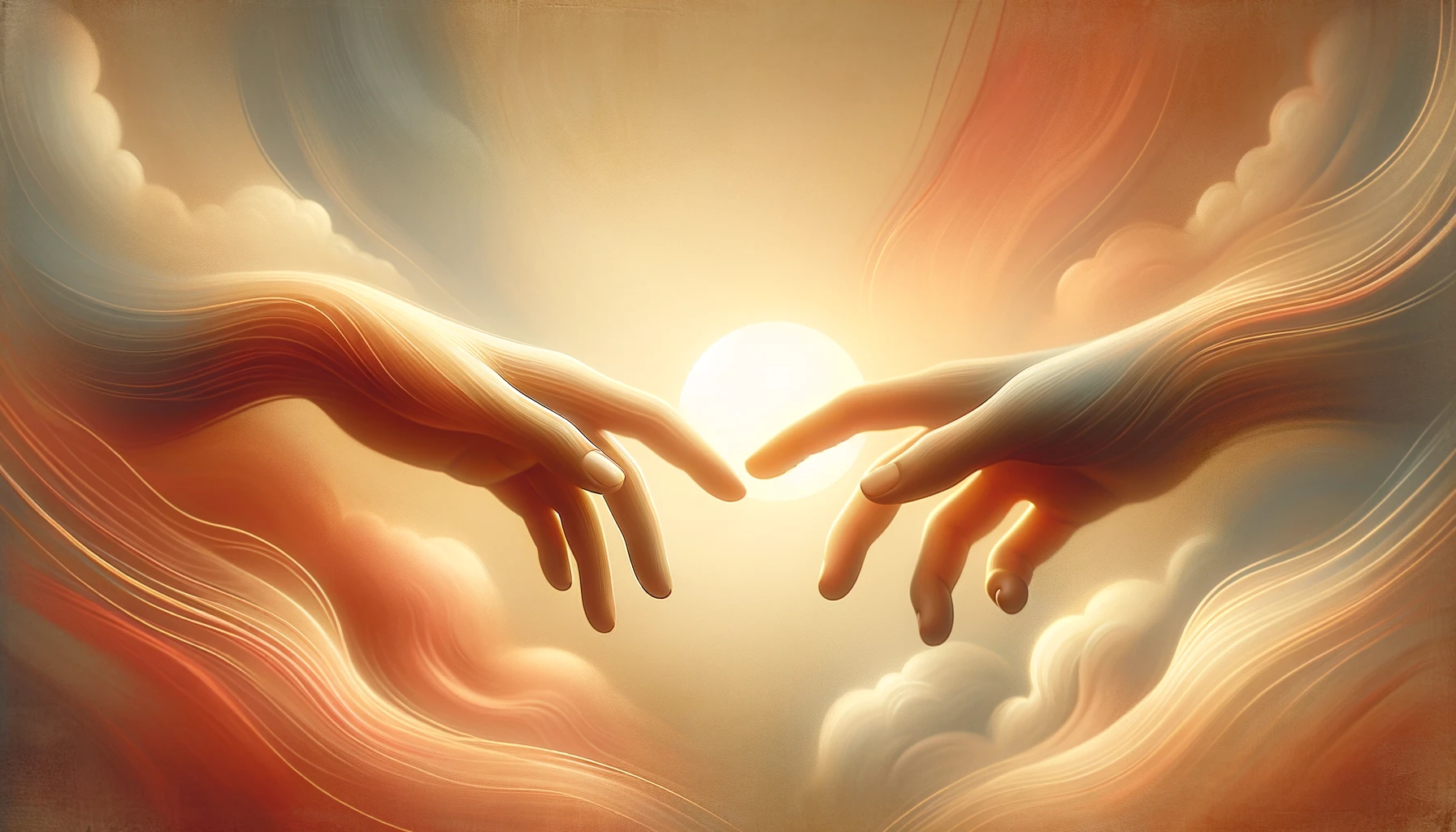 Abstract image of two hands reaching towards each other against a warm, romantic background.