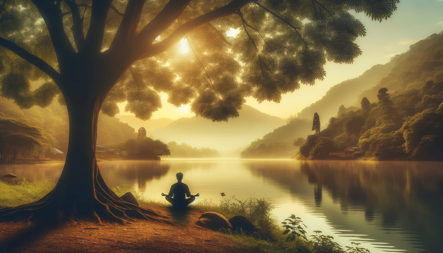 Person in meditative pose under tree by calm lake, early morning light.
