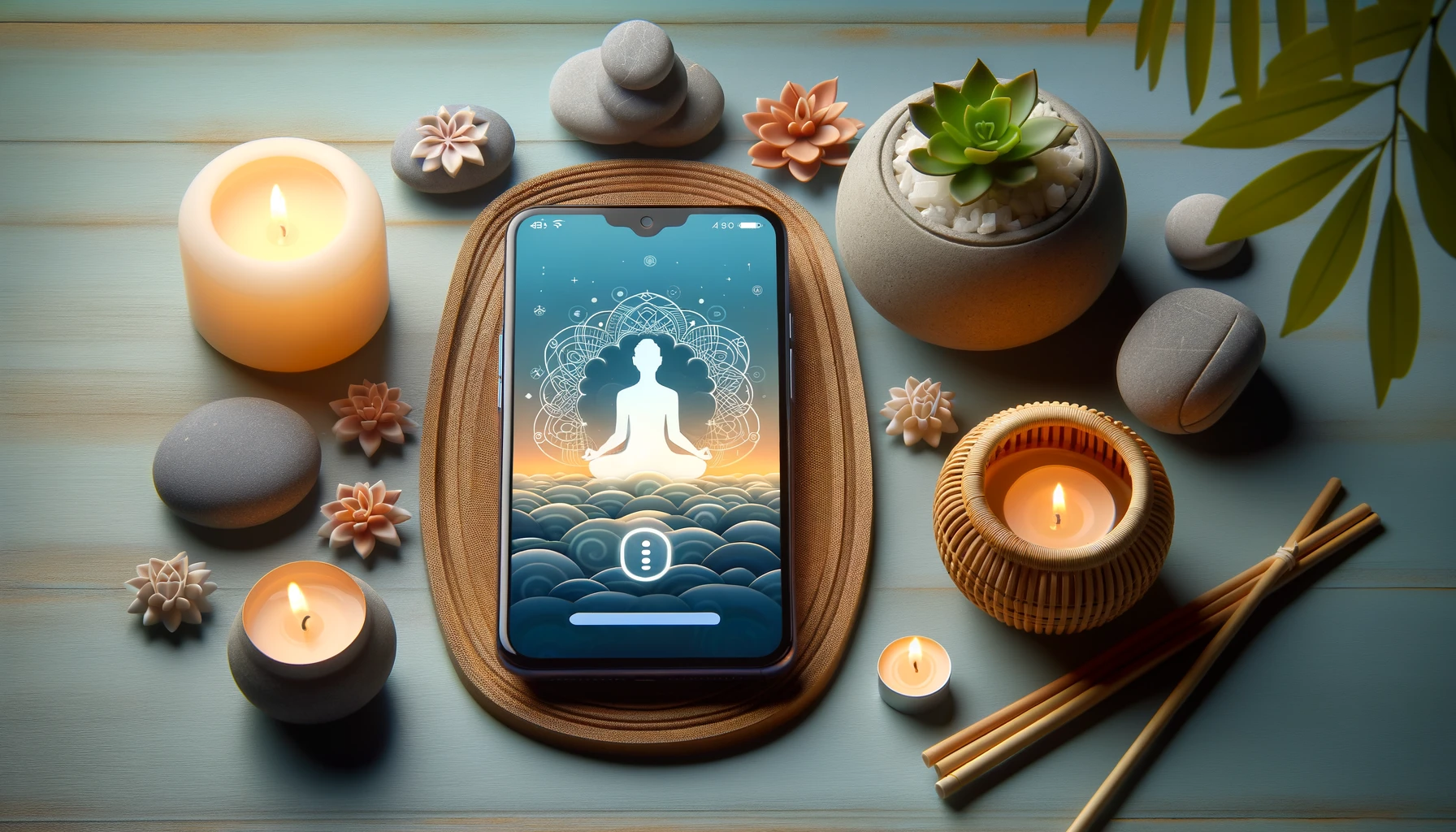 Smartphone with mindfulness app amidst candles and a zen garden, symbolizing relaxation.