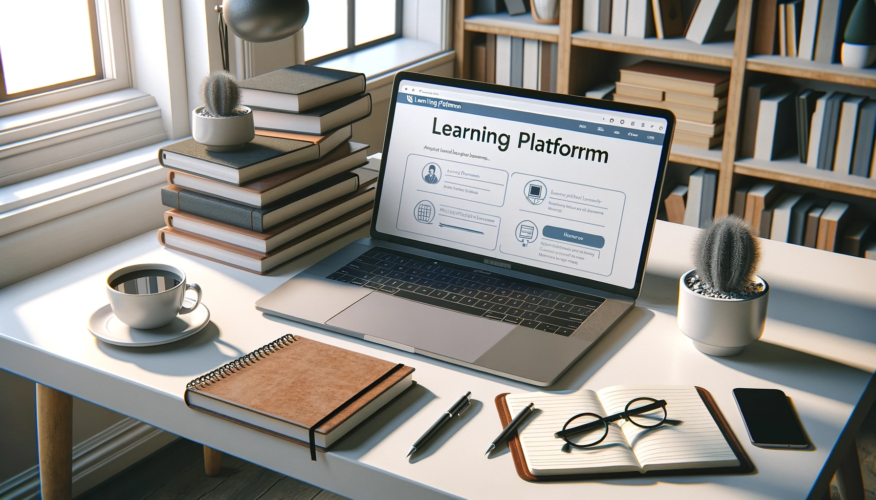 Modern workspace with laptop displaying a learning platform, surrounded by books and coffee.