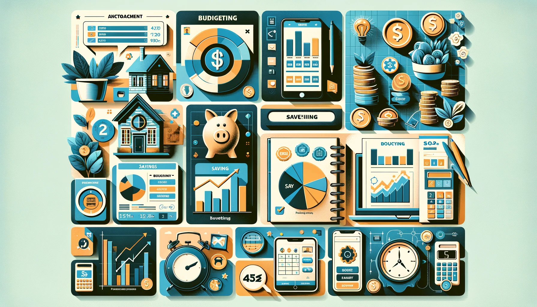 Collage of financial management website interfaces with budgeting tools and savings graphs.